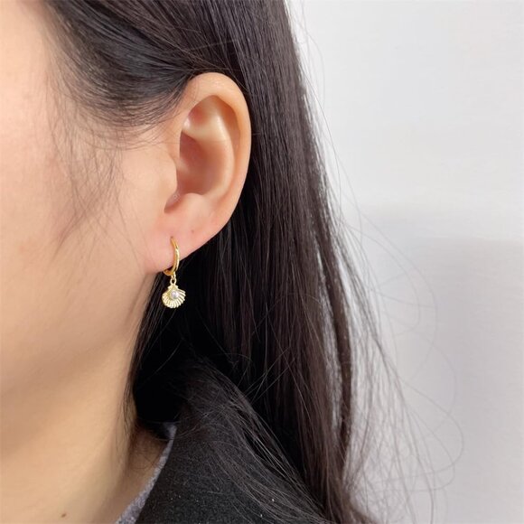 Gold Shell Pearl Dangle Small Hoop Earrings for Women and Teens - Sterling Silve - Picture 5 of 6